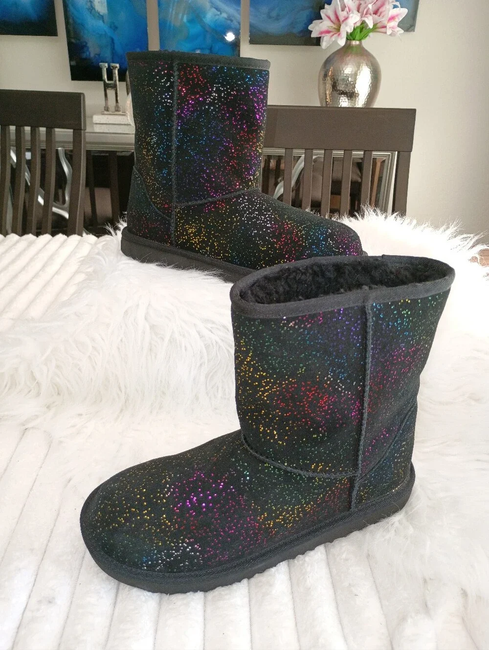 New UGG Classic II Shimmer Sky Glitter Boots in Black Rainbow Glitter